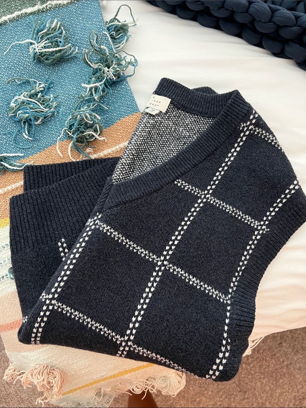 a new day Navy & White Windowpane V-Neck Sweater Vest